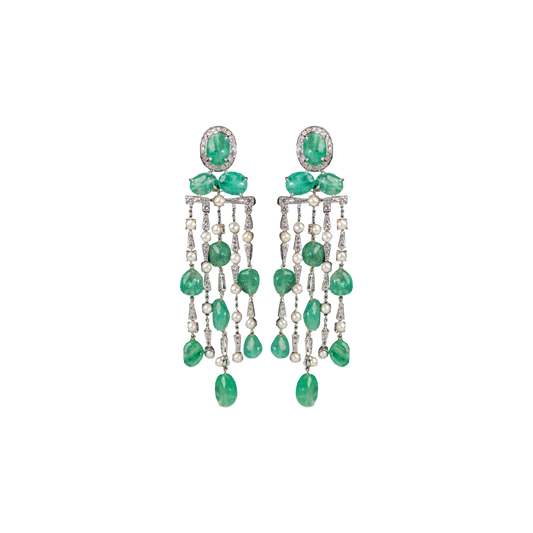 Long Emerald Pearl & Diamond Dangling Earrings