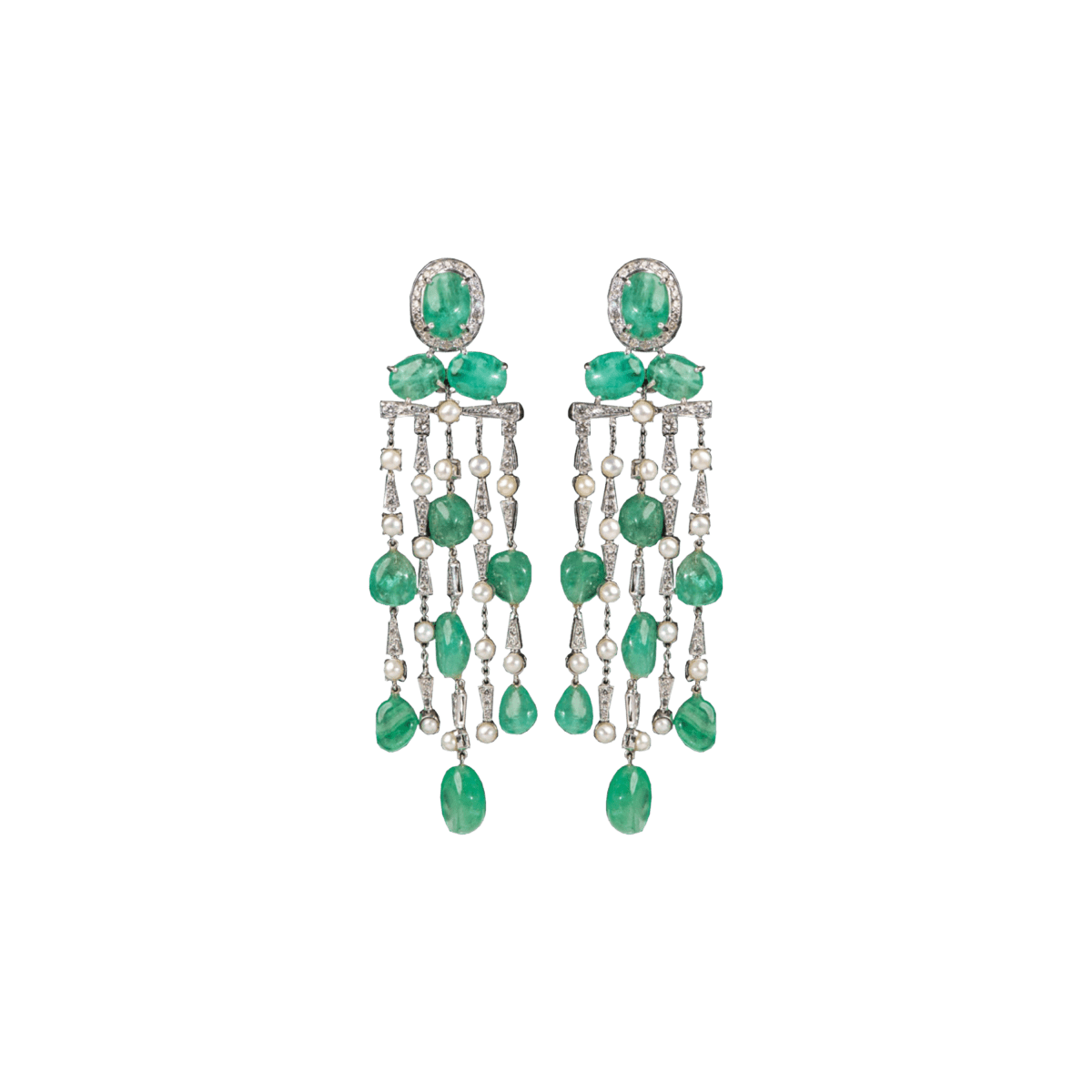 Emeralds, Pearl & Diamond long  Earrings