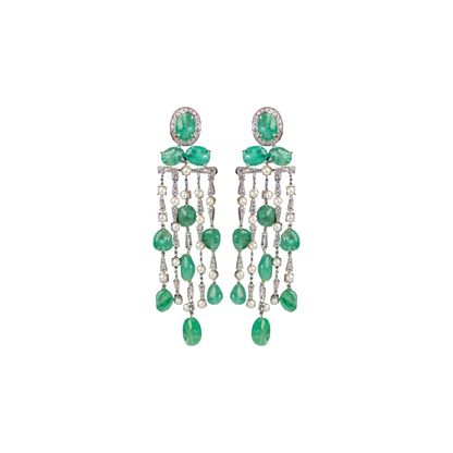 Emeralds, Pearl & Diamond long  Earrings