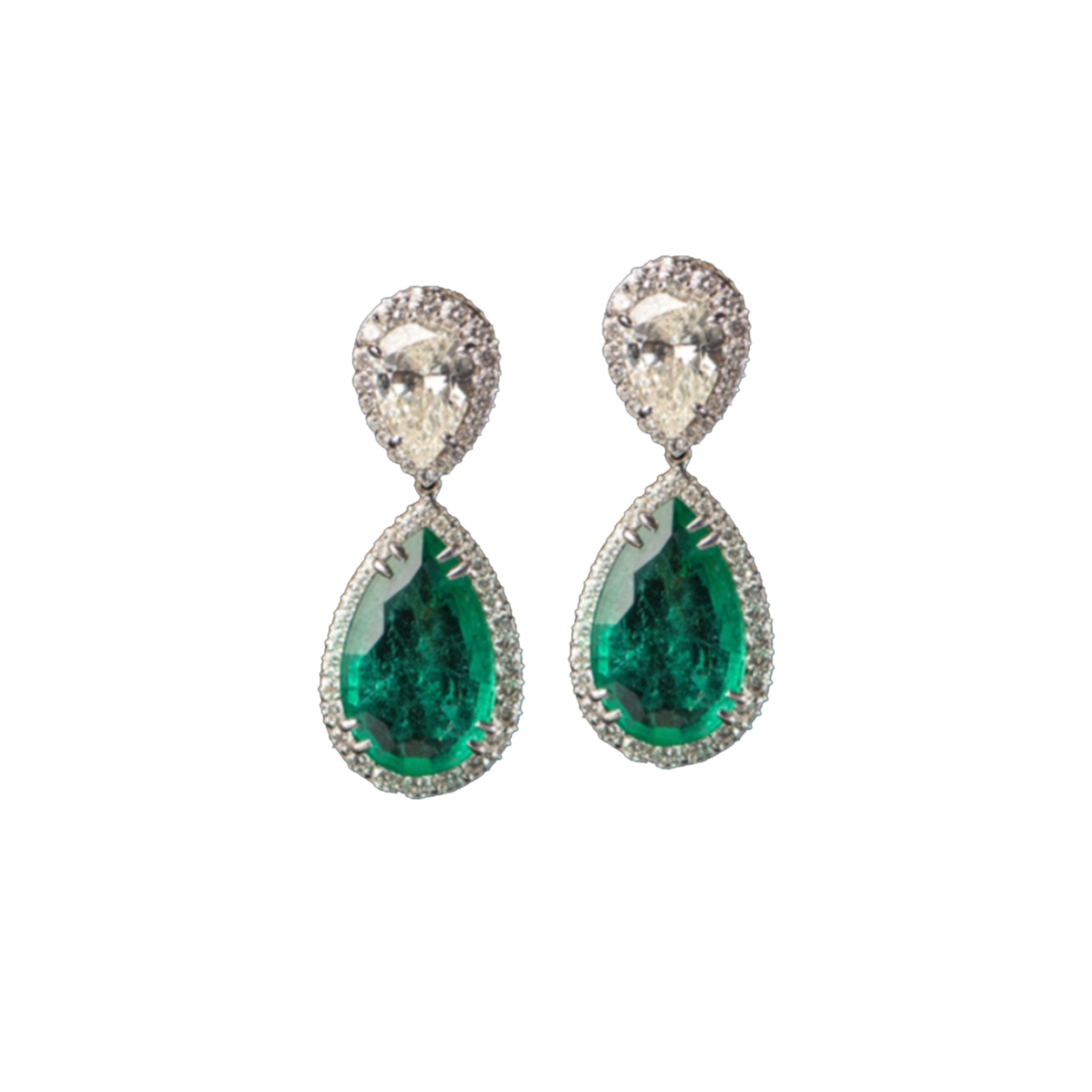 Tear Drop Diamond and Emerald Earrings