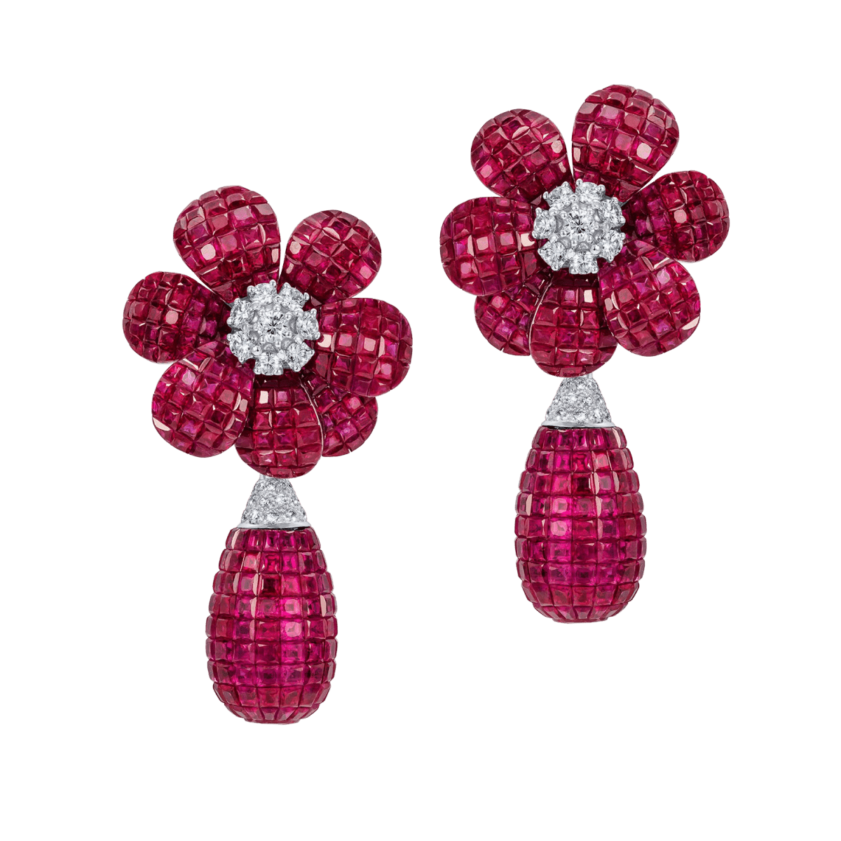 Mystery Set Rubies and Diamonds Flower Earring Drops