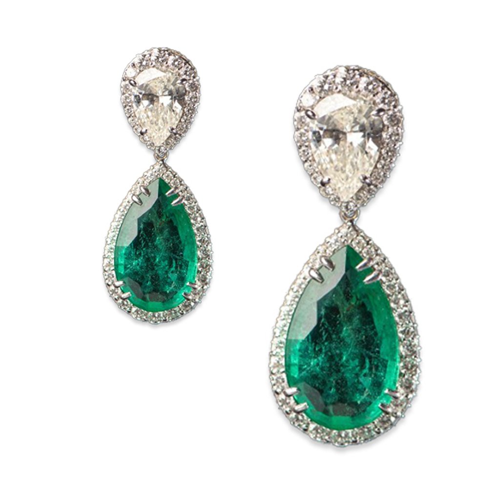 Tear Drop Diamond and Emerald Earrings